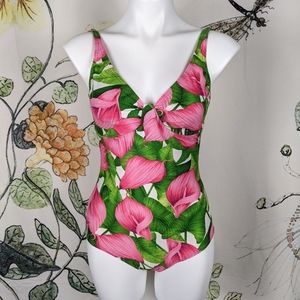 Vintage one-piece swimsuit pink green floral s